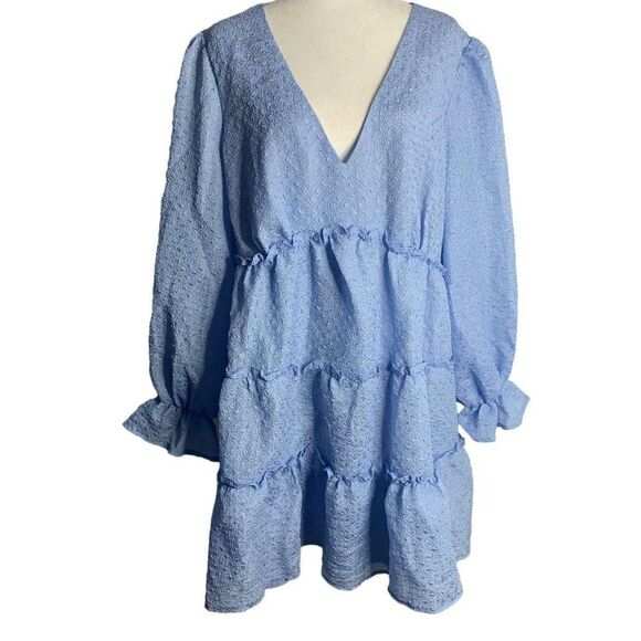 Eloquii Dresses & Skirts - New Eloquii Crepe Tiered Mini Dress 20 Blue Lined Long Puff Sleeves V Neck